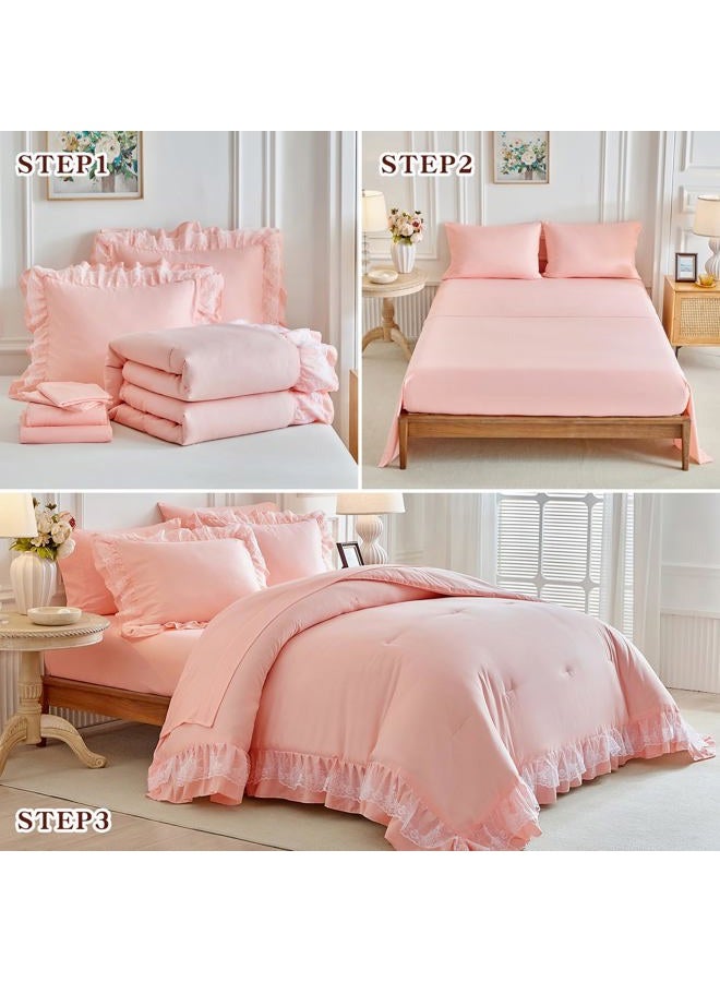 Joyreap Lace Ruffle Bed in a Bag Pink, Queen Size Microfiber 7pcs Ruffled Comforter Sheet Set for Girls, Princess Style Vintage Boho Chic Bedding Comforter Set for All Season - Image 4