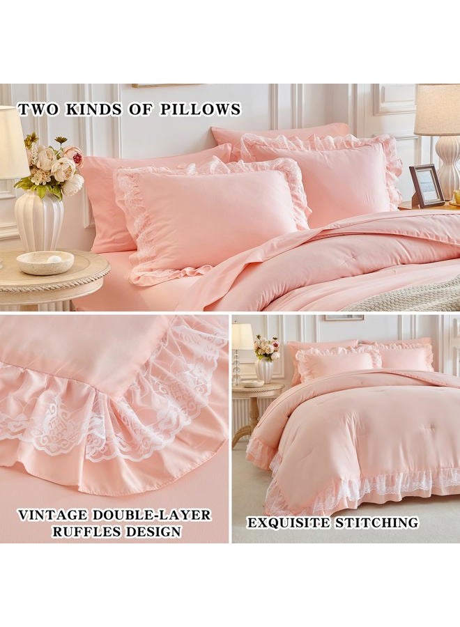 Joyreap Lace Ruffle Bed in a Bag Pink, Queen Size Microfiber 7pcs Ruffled Comforter Sheet Set for Girls, Princess Style Vintage Boho Chic Bedding Comforter Set for All Season - Image 5