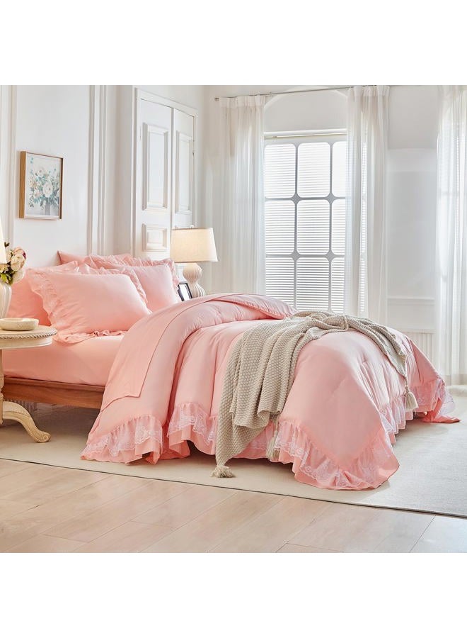 Joyreap Lace Ruffle Bed in a Bag Pink, Queen Size Microfiber 7pcs Ruffled Comforter Sheet Set for Girls, Princess Style Vintage Boho Chic Bedding Comforter Set for All Season - Image 2