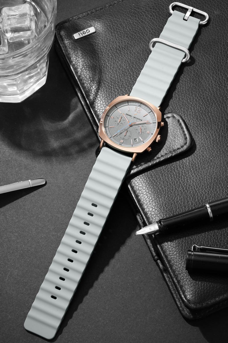 Daniel Hechter Paris Cluny Collection Multifunction Watch for Men with Round Dial, Date Display Function, Quartz Movement and Wavy Pattern Silicon Strap - DHM1019 - Image 4