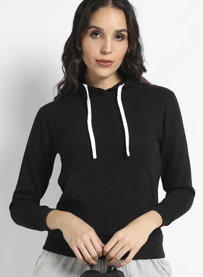 Campus Sutra Women's Regular Pullover Hoodie | Hooded Neck , Long Ribbed Cuff Sleeves , Pull On Closure , Ribbed-Straight Hem | Solid Cotton-Blend Plain Material For Casual & Daily | Onyx Black