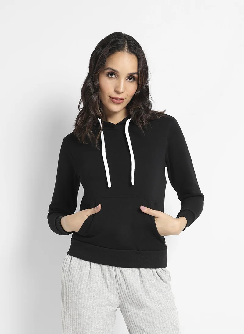 Campus Sutra Women's Regular Pullover Hoodie | Hooded Neck , Long Ribbed Cuff Sleeves , Pull On Closure , Ribbed-Straight Hem | Solid Cotton-Blend Plain Material For Casual & Daily | Onyx Black