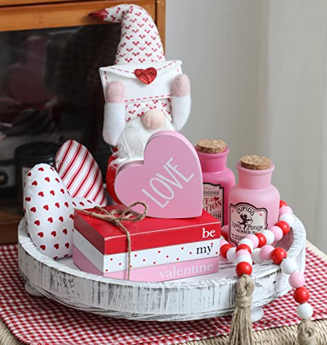 KORMMCO Valentine Tiered Tray Decor, Cute Wood Book Stack with Bead Garland for Valentine Decor, Love Be Mine Mini Faux Decorative Books Bundle, Farmhouse Valentine Decor for Table Mantle Shelves - Image 5