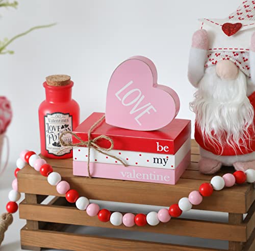 KORMMCO Valentine Tiered Tray Decor, Cute Wood Book Stack with Bead Garland for Valentine Decor, Love Be Mine Mini Faux Decorative Books Bundle, Farmhouse Valentine Decor for Table Mantle Shelves - Image 3
