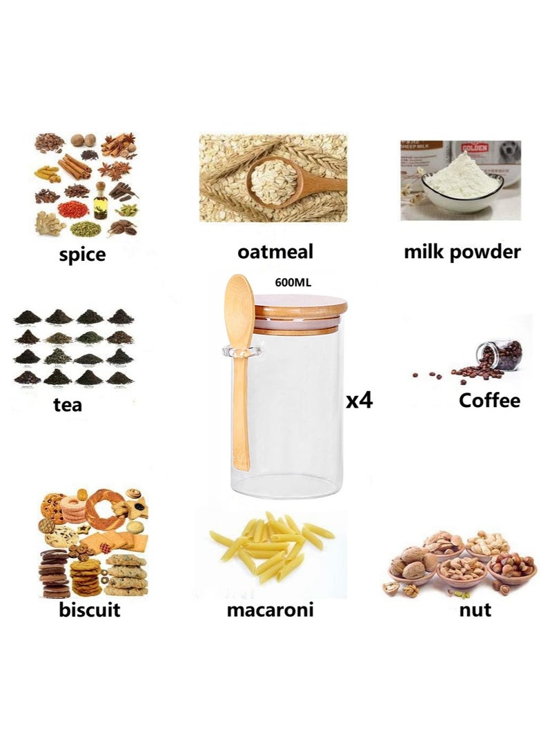 KUAIJI 4-Pack 600ml(20.29oz) Glass Jars With Aitight Bamboo Lids and Spoon,Spice Jars Overnight Oats Jars Breakfast Jars Sugar Salt Coffee Tea Candy Cookies Jars, Kitchen Storage (4Pack600ML) - Image 5