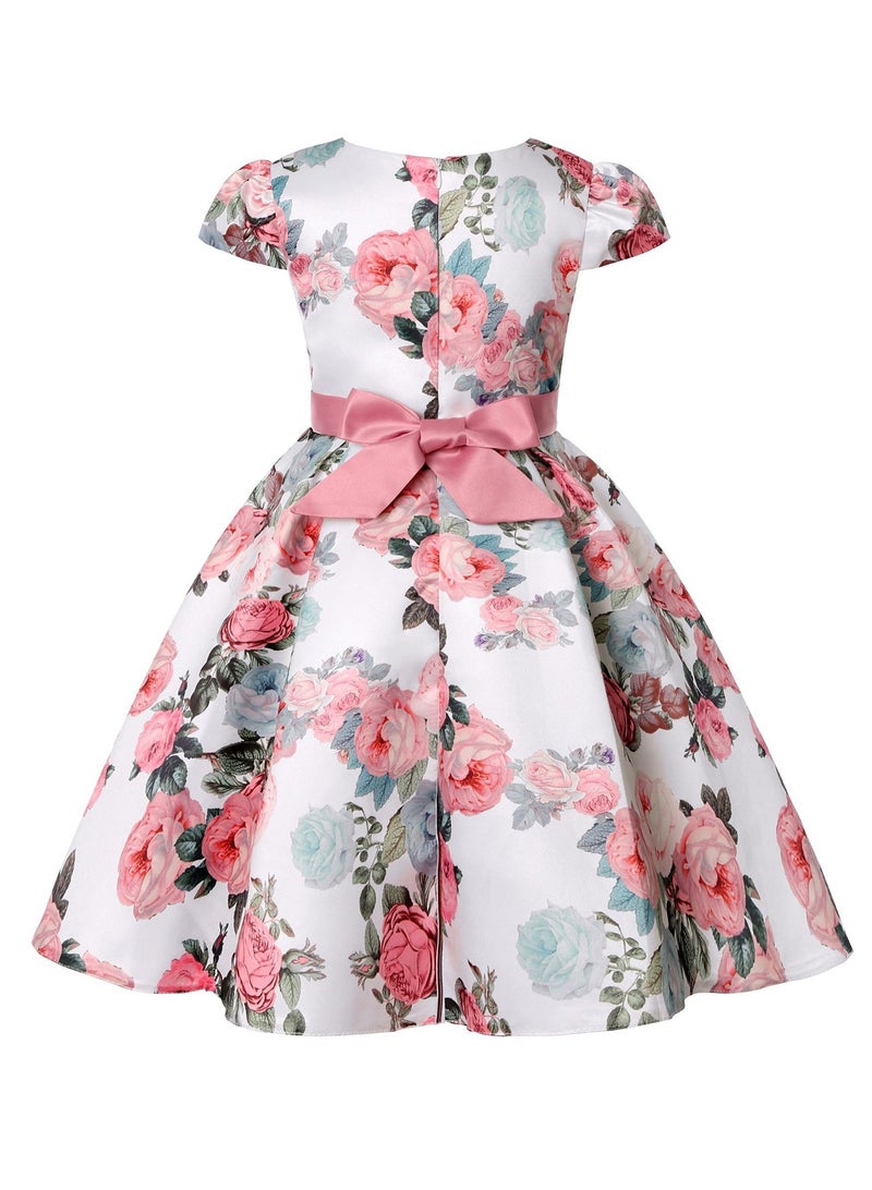 Girls' Floral Princess Dress with Bowknot – Elegant Short Sleeve Party Dress for Kids, Princess Dresses for Girls, Birthday Dress, Tulle Dress, Girls Frock – Pink - Image 4