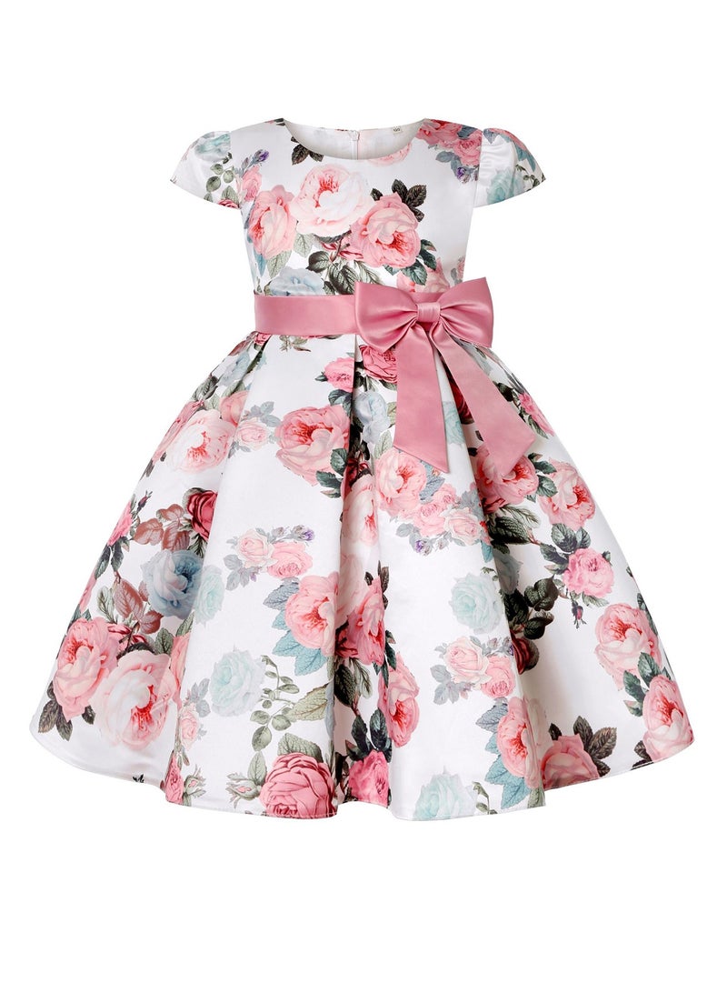 Girls' Floral Princess Dress with Bowknot – Elegant Short Sleeve Party Dress for Kids, Princess Dresses for Girls, Birthday Dress, Tulle Dress, Girls Frock – Pink - Image 3