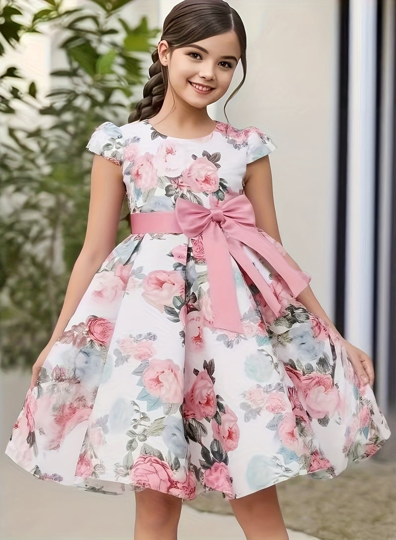Girls' Floral Princess Dress with Bowknot – Elegant Short Sleeve Party Dress for Kids, Princess Dresses for Girls, Birthday Dress, Tulle Dress, Girls Frock – Pink - Image 1