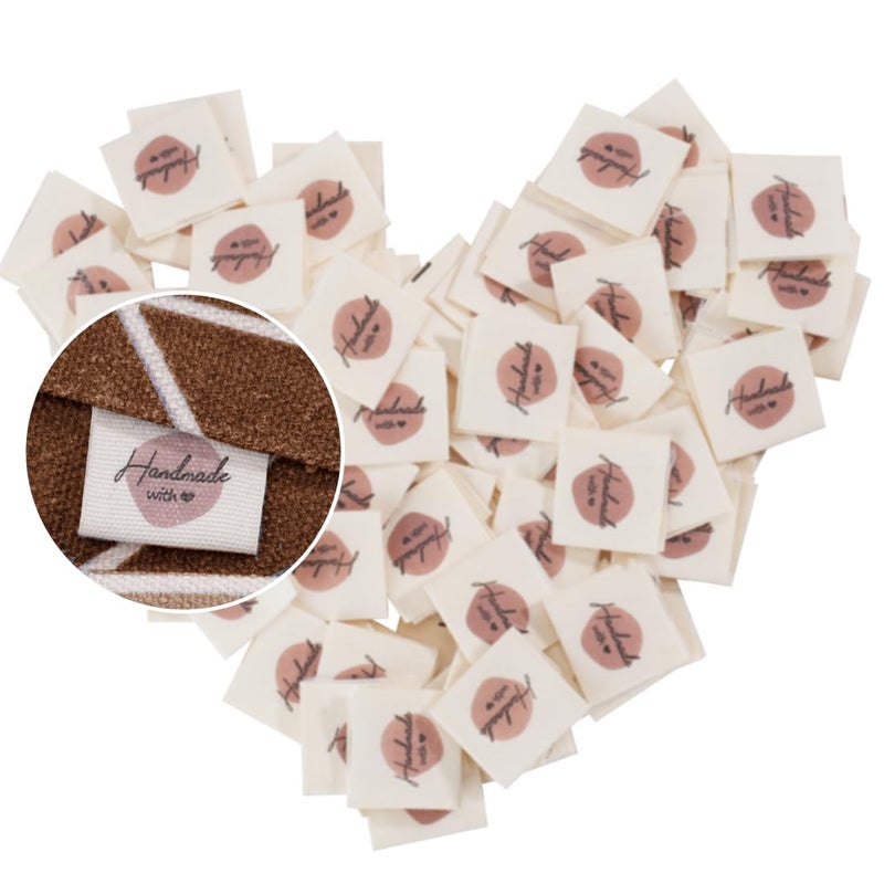 LeCorner 100 Pcs Sewing Labels for Handmade Items, Cute Handmade with Love Tags, Personalized Crochet Tags Sew on Clothing, Custom Fabric Labels for DIY Knitting Crocheting Crafts (Beige) - Image 1