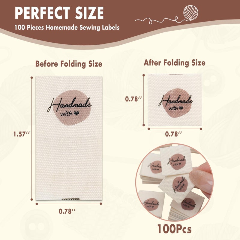 LeCorner 100 Pcs Sewing Labels for Handmade Items, Cute Handmade with Love Tags, Personalized Crochet Tags Sew on Clothing, Custom Fabric Labels for DIY Knitting Crocheting Crafts (Beige) - Image 2