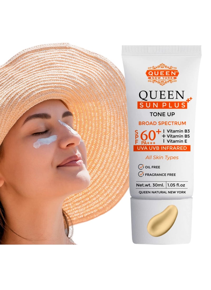 QUEEN NATURAL NEW YORK - QUEEN SUN PLUS | TONE UP Sunscreen SPF 60 Primer-Anti Aging, Face Moisturizer- Vitamin B3, B5, E- Non-Greasy, Silky Touch, Instant dry-oil free, fragrance free by QUEEN NATURAL NEW YORK (Pack of 1) - Image 1