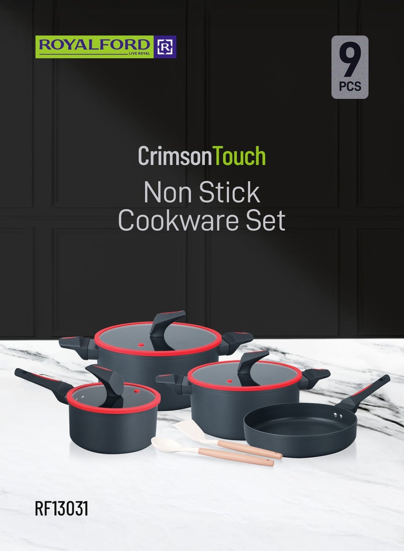 رويال فورد طقم أواني الطهي من الألمنيوم CrimsonTouch 9 قطع RF13031 مع طلاء غير لاصق ومقابض باكلت وغطاء زجاجي مقسى وإطار سيليكون أسلوب مطبخ انتقائي حصري يناسب جميع أنواع المواقد آمن في غسالة الصحون - Image 2