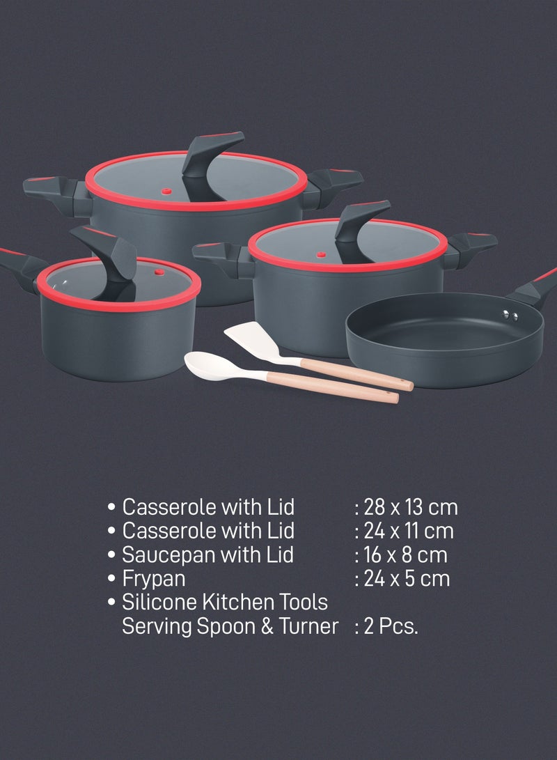 رويال فورد طقم أواني الطهي من الألمنيوم CrimsonTouch 9 قطع RF13031 مع طلاء غير لاصق ومقابض باكلت وغطاء زجاجي مقسى وإطار سيليكون أسلوب مطبخ انتقائي حصري يناسب جميع أنواع المواقد آمن في غسالة الصحون - Image 4