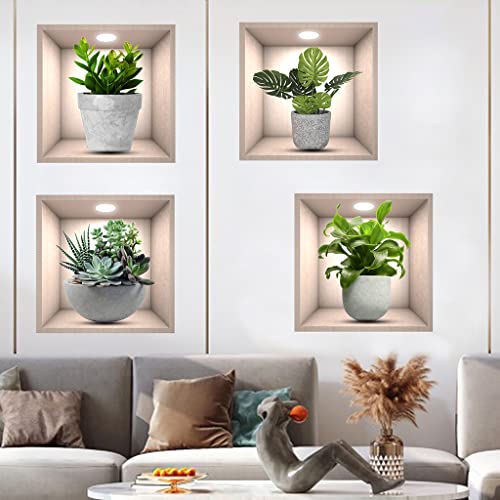 iMagitek 4 Pack 3D Green Plants Wall Stickers Botanical Plants Wall Decals for Bedroom Living Room Kitchen - Image 3