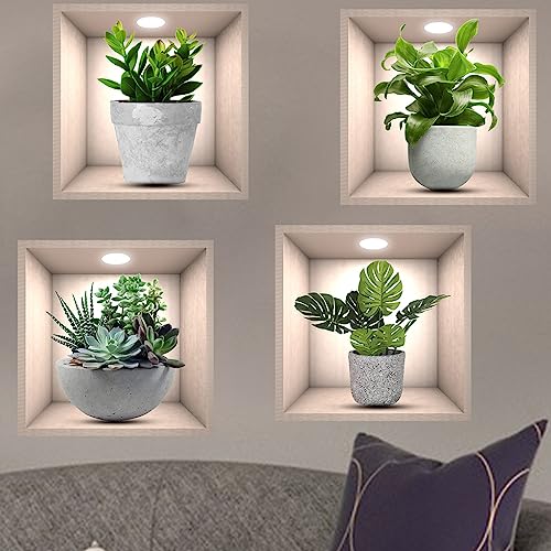 iMagitek 4 Pack 3D Green Plants Wall Stickers Botanical Plants Wall Decals for Bedroom Living Room Kitchen - Image 1