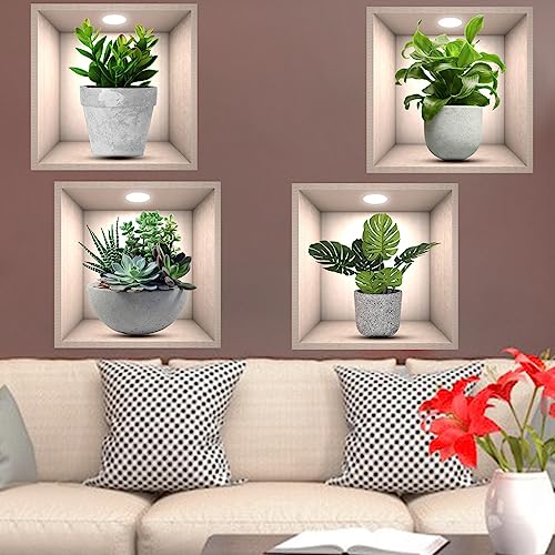 iMagitek 4 Pack 3D Green Plants Wall Stickers Botanical Plants Wall Decals for Bedroom Living Room Kitchen - Image 4