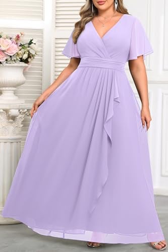 Talisea Lavender Dress Women Plus Size Bridesmaid Dresses Lilac Formal Wedding Guest Chiffon Short Sleeves A Line Light Purple - Image 4