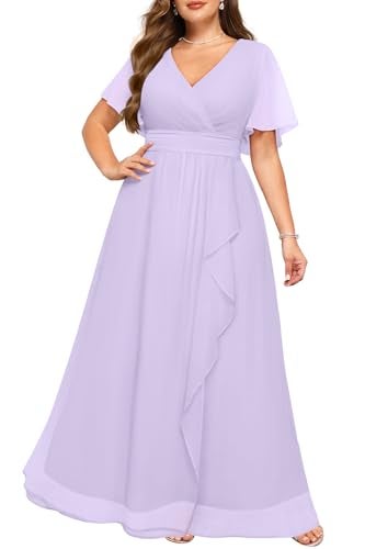 Talisea Lavender Dress Women Plus Size Bridesmaid Dresses Lilac Formal Wedding Guest Chiffon Short Sleeves A Line Light Purple - Image 1