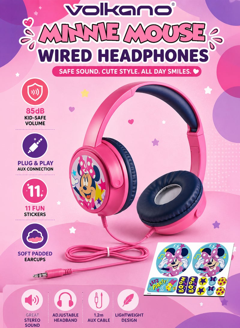 Volkano Disney Minnie Mouse Auxiliary Wired Kids Headphones with 11 Fun Stickers, 85dB Kid-Safe Volume Limiter, 3.5mm AUX Plug & Play Connection, Soft PU Leather Padded Earcups, Adjustable Lightweight Headband, 40mm Drivers, 1.2m Cable for Girls, School, Travel, Tablets, Laptops & Phones - Image 1