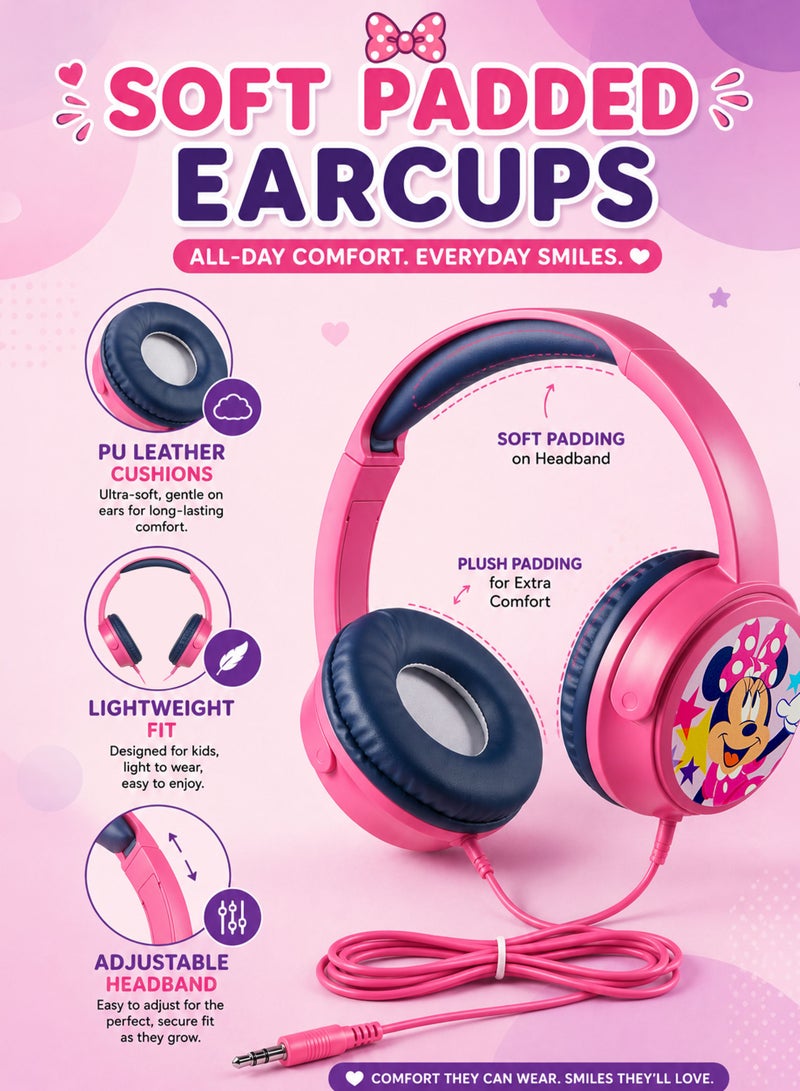 Volkano Disney Minnie Mouse Auxiliary Wired Kids Headphones with 11 Fun Stickers, 85dB Kid-Safe Volume Limiter, 3.5mm AUX Plug & Play Connection, Soft PU Leather Padded Earcups, Adjustable Lightweight Headband, 40mm Drivers, 1.2m Cable for Girls, School, Travel, Tablets, Laptops & Phones - Image 4