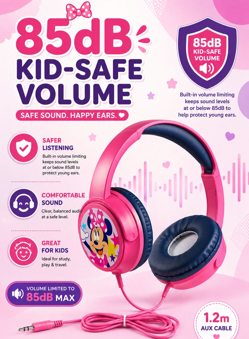 Volkano Disney Minnie Mouse Auxiliary Wired Kids Headphones with 11 Fun Stickers, 85dB Kid-Safe Volume Limiter, 3.5mm AUX Plug & Play Connection, Soft PU Leather Padded Earcups, Adjustable Lightweight Headband, 40mm Drivers, 1.2m Cable for Girls, School, Travel, Tablets, Laptops & Phones - Image 2