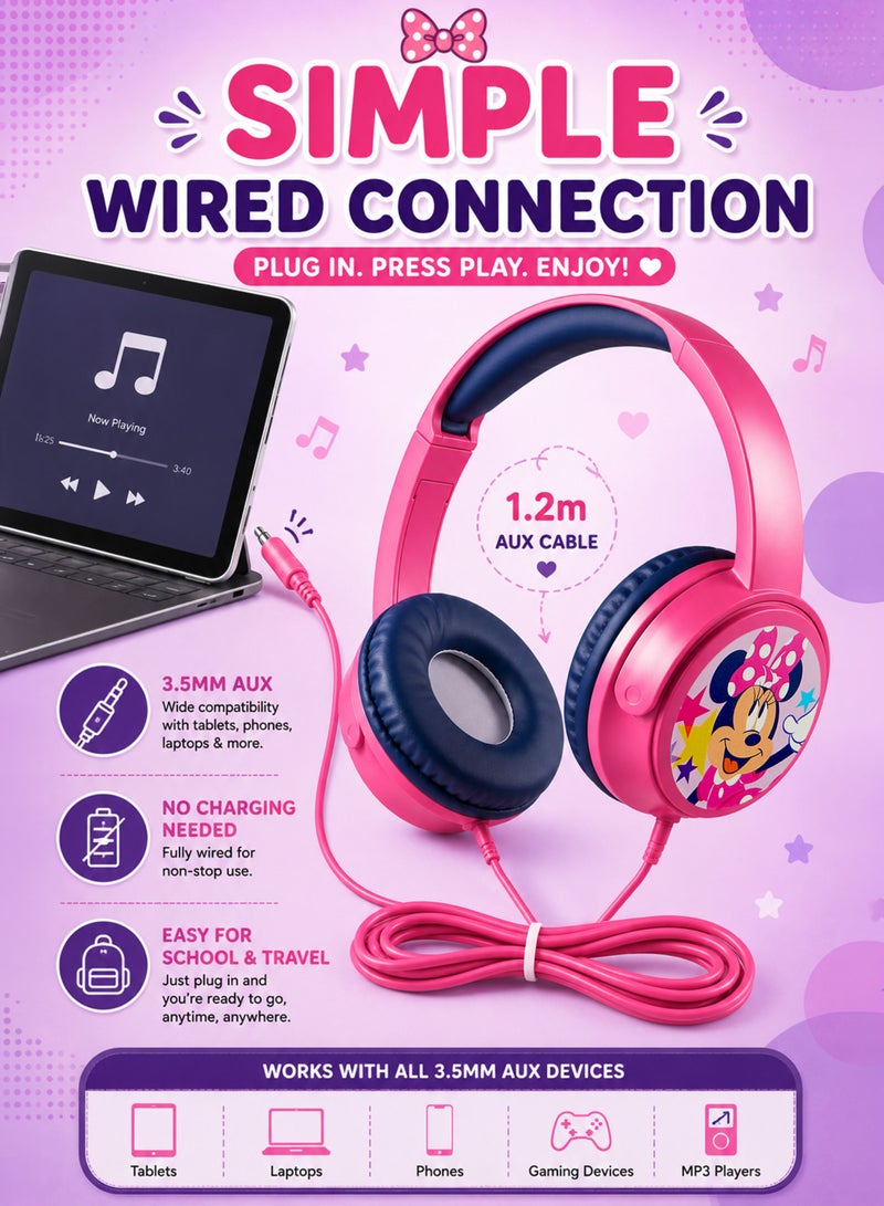 Volkano Disney Minnie Mouse Auxiliary Wired Kids Headphones with 11 Fun Stickers, 85dB Kid-Safe Volume Limiter, 3.5mm AUX Plug & Play Connection, Soft PU Leather Padded Earcups, Adjustable Lightweight Headband, 40mm Drivers, 1.2m Cable for Girls, School, Travel, Tablets, Laptops & Phones - Image 5