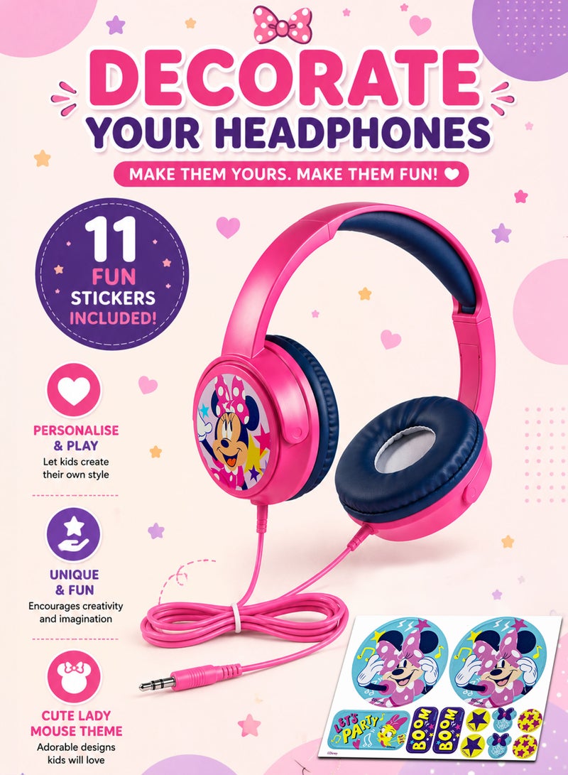 Volkano Disney Minnie Mouse Auxiliary Wired Kids Headphones with 11 Fun Stickers, 85dB Kid-Safe Volume Limiter, 3.5mm AUX Plug & Play Connection, Soft PU Leather Padded Earcups, Adjustable Lightweight Headband, 40mm Drivers, 1.2m Cable for Girls, School, Travel, Tablets, Laptops & Phones - Image 3