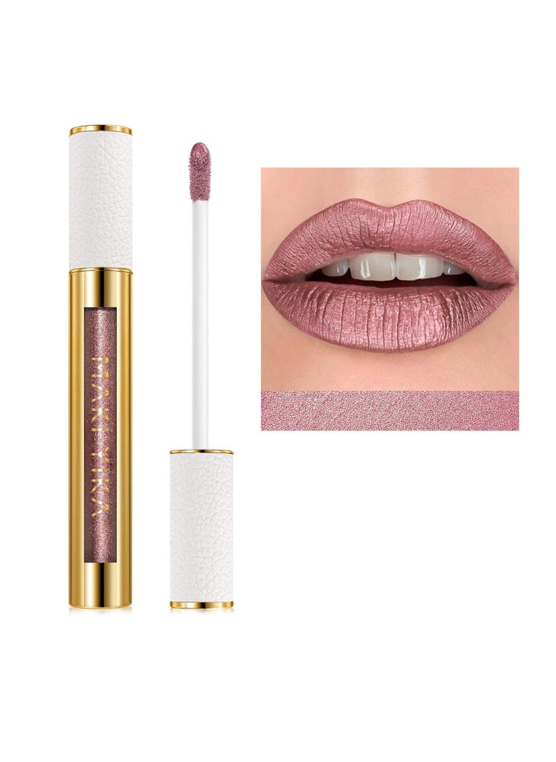 MAKI YIKA - MAKI YIKA Metallic Pink Lipstick for Women Nude Lipsticks Long Lasting Shine Glitter Lipstick No Smudge No Transfer Liquid Lip Gloss (BR010 Sweet Sugar) - Image 1