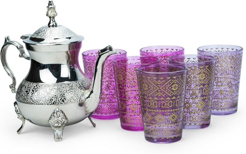 Cuisine Art ZOHA Moroccan Tea Set Brass Glass Silver Teapot 6 Gold Pattern Glasses Serving Tray Arabic Mint Tea Service Ramadan Eid Gift Home Restaurant Traditional Maghreb Style Wedding Party Décor - Image 5