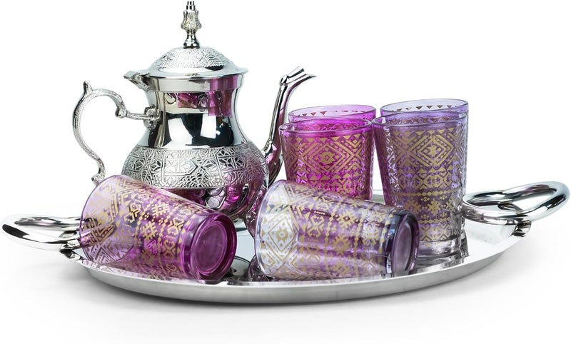 Cuisine Art ZOHA Moroccan Tea Set Brass Glass Silver Teapot 6 Gold Pattern Glasses Serving Tray Arabic Mint Tea Service Ramadan Eid Gift Home Restaurant Traditional Maghreb Style Wedding Party Décor - Image 1