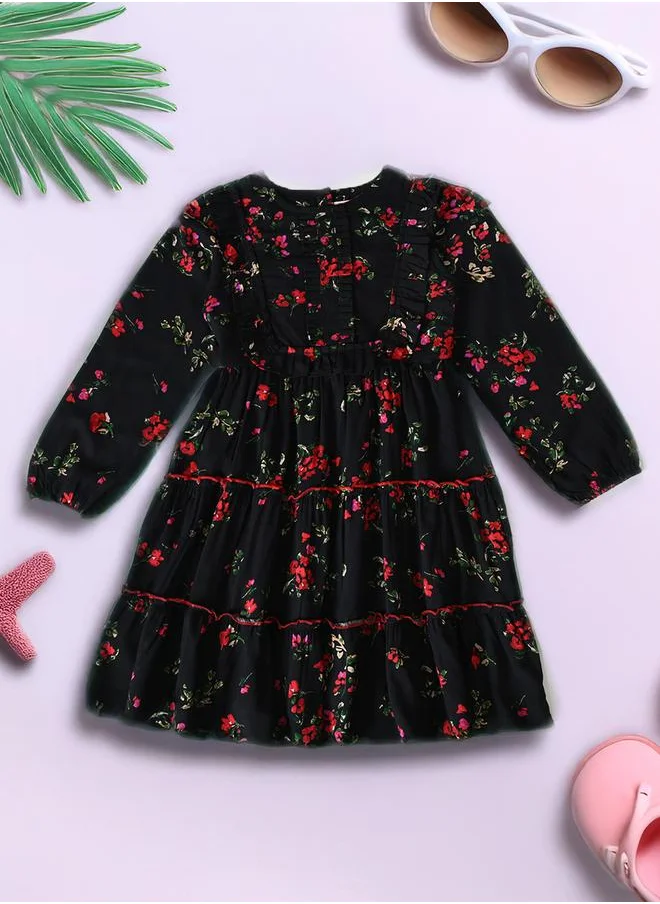 BELLA MODA Bella Moda Floral Print Buttoned Tiered Knee-Length Dress