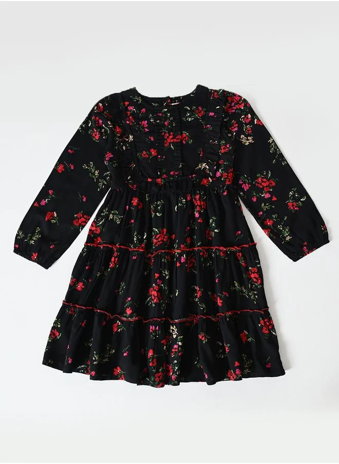 BELLA MODA Bella Moda Floral Print Buttoned Tiered Knee-Length Dress