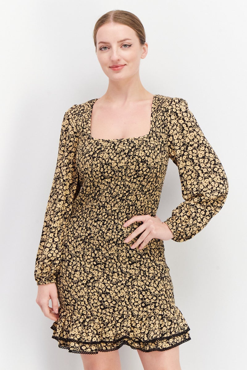 Lost + Wander Women Floral Print Smoked Casual Mini Dress, Khaki - Image 1