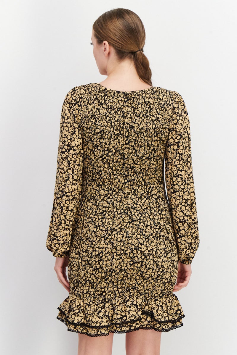 Lost + Wander Women Floral Print Smoked Casual Mini Dress, Khaki - Image 3