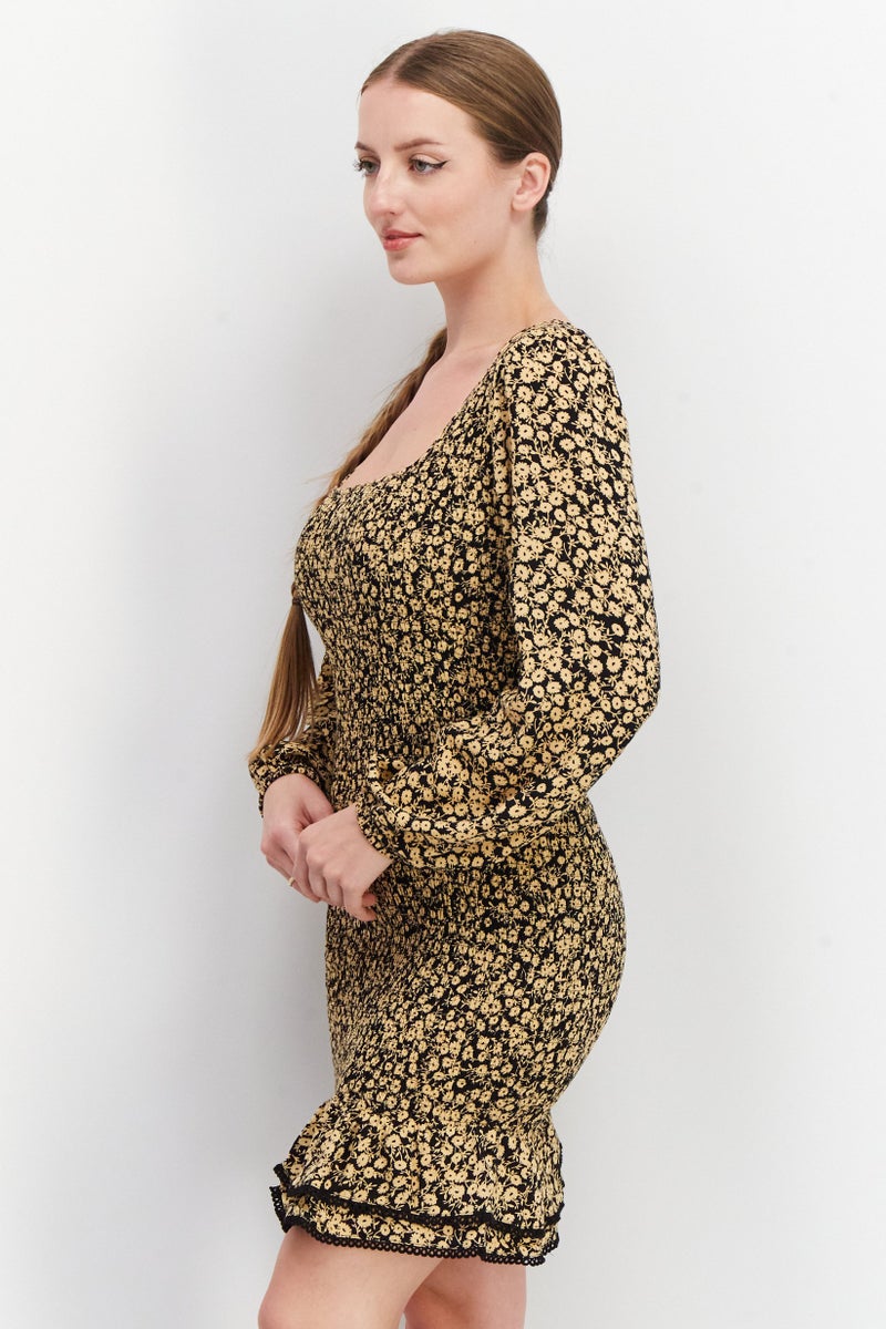 Lost + Wander Women Floral Print Smoked Casual Mini Dress, Khaki - Image 4