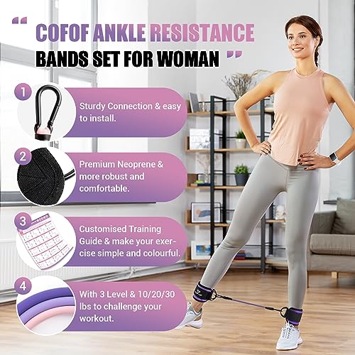 COFOF Ankle Resistance Bands with Cuffs, Ankle Bands for Working Out, Ankle Band Cuff for Kickbacks Hip, Leg Glute Exercise Equipment with Training Poster, Resistance Band with Ankle Cuffs for Women(Purple) - Image 2