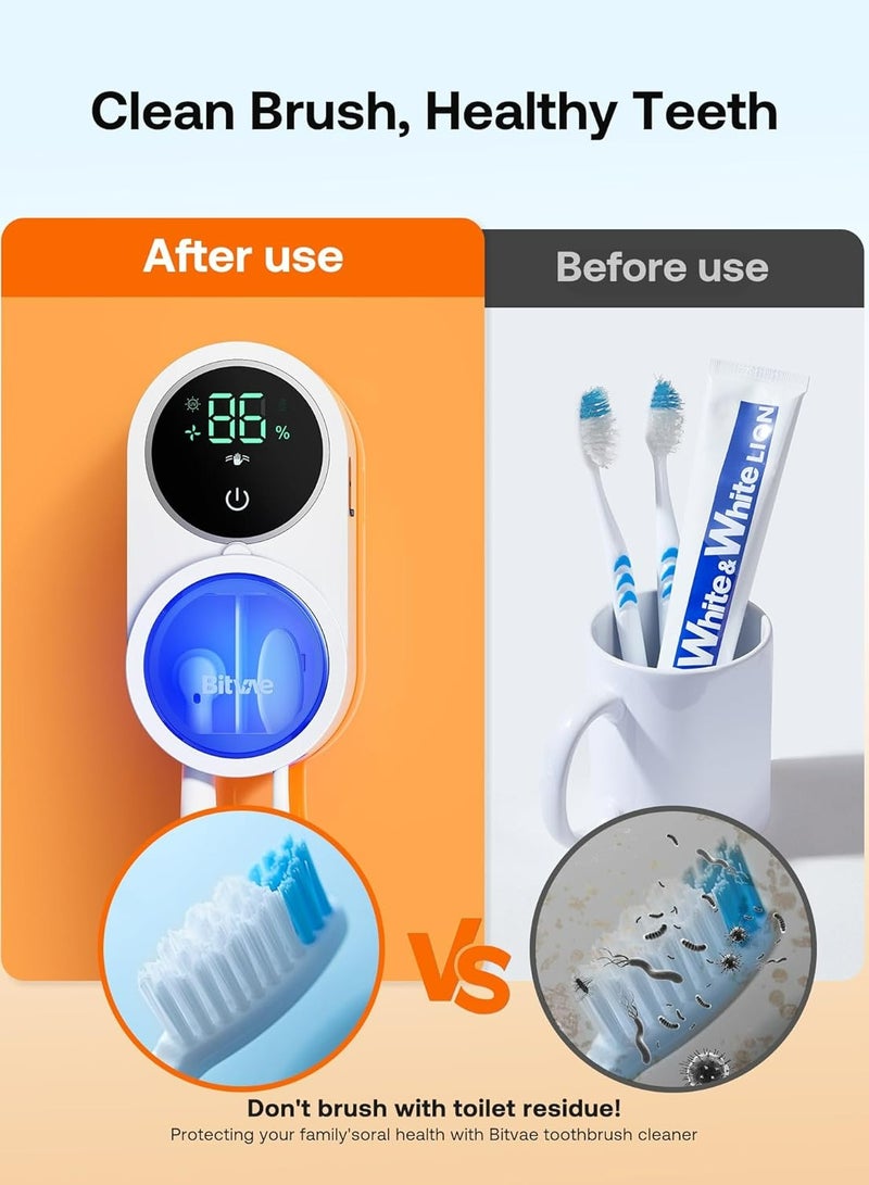 منظف فرشاة الأسنان من Bitvae، تنظيف بالأشعة فوق البنفسجية وتجفيف بالهواء، شاشة ذكية LED، حامل فرشاة قابل لإعادة الشحن ومثبت على الحائط – أبيض