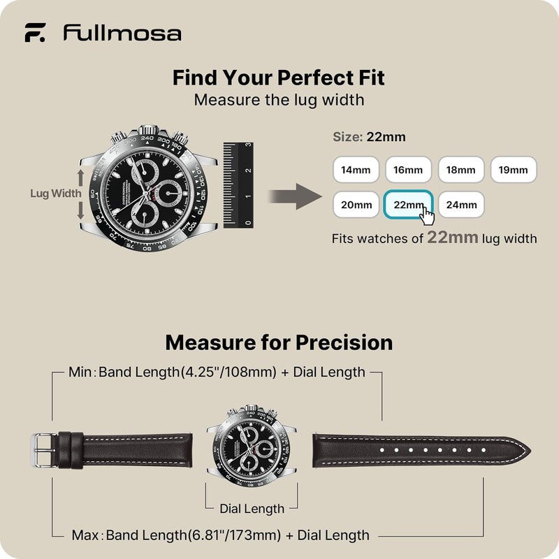 Fullmosa Axus Series 12 Colours Watch Strap, Leather Replacement Watch Strap with Stainless Steel Metal Clasp for Men and Women, 14/16/18/20/22/24 mm, Dark Brown 22 mm - Image 5