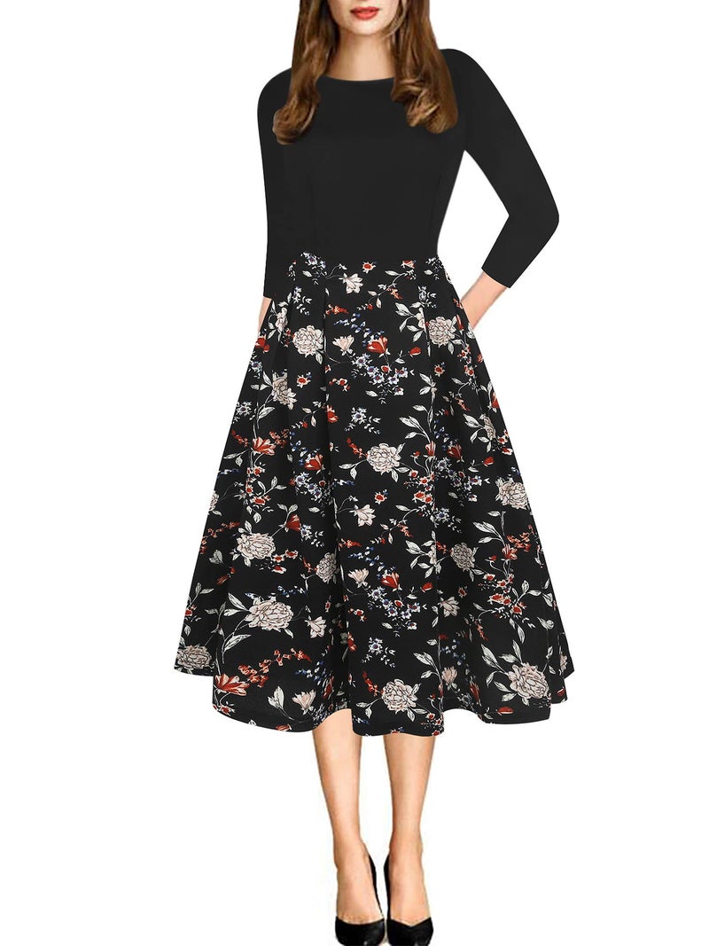 oxiuly Womens Vintage Patchwork Pockets Puffy Swing Casual Party Dress OX165 Black FPT7 l