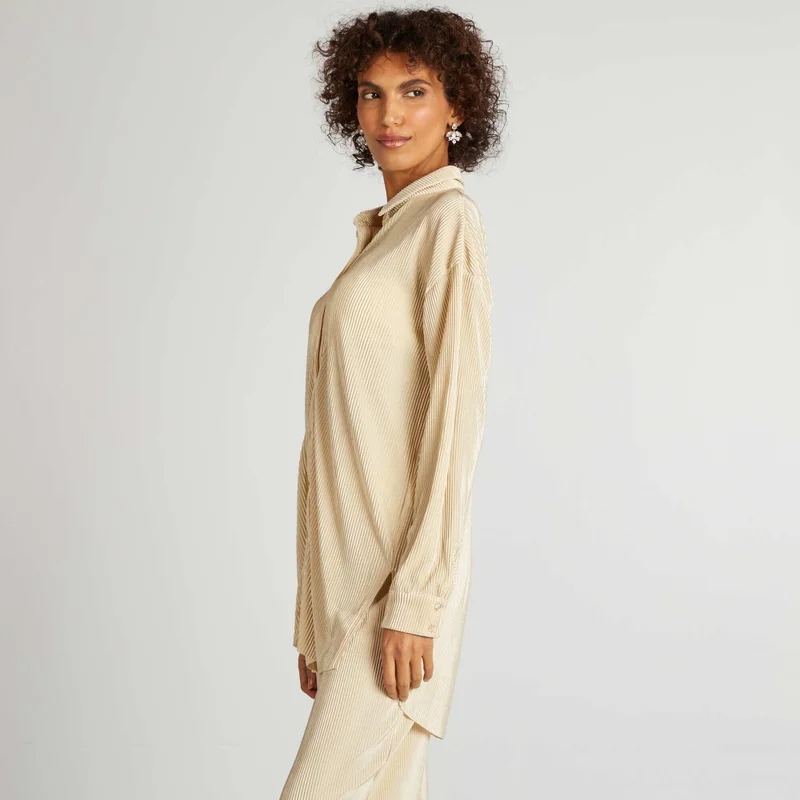 Kiabi Long Pleated Knit Shirt Beige