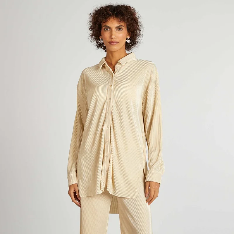 Kiabi Long Pleated Knit Shirt Beige