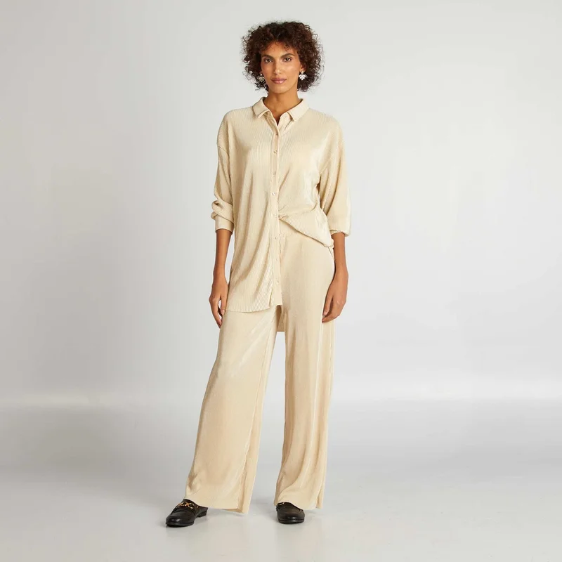 Kiabi Long Pleated Knit Shirt Beige