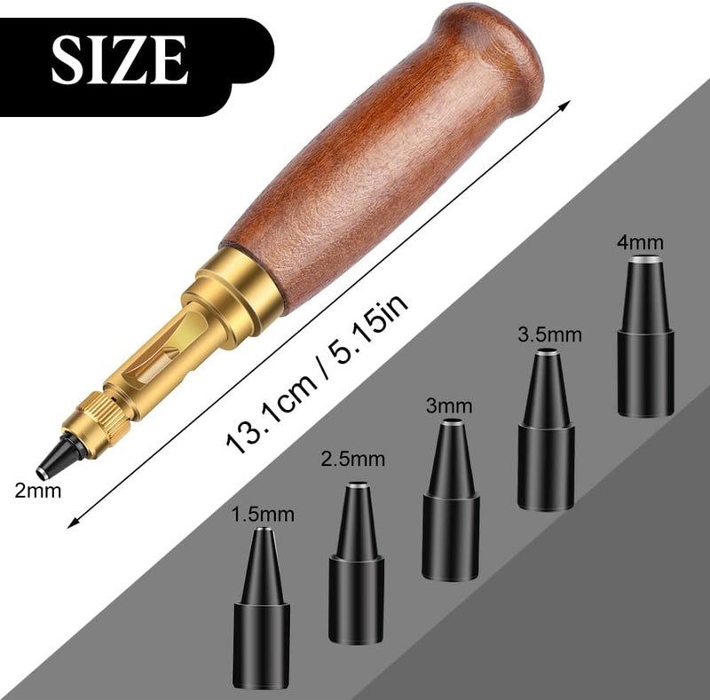 Bukela Adjustable Leather Hole Punching Tool Automatic Puncher with Wooden Handle Hollow Hole Punch with 6 Tips Size (1.5mm/2mm/2.5mm/3mm/3.5mm/4mm) for Leather Belt - Image 2