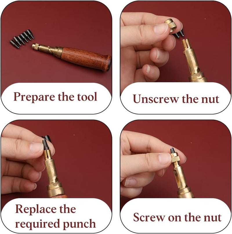 Bukela Adjustable Leather Hole Punching Tool Automatic Puncher with Wooden Handle Hollow Hole Punch with 6 Tips Size (1.5mm/2mm/2.5mm/3mm/3.5mm/4mm) for Leather Belt - Image 4