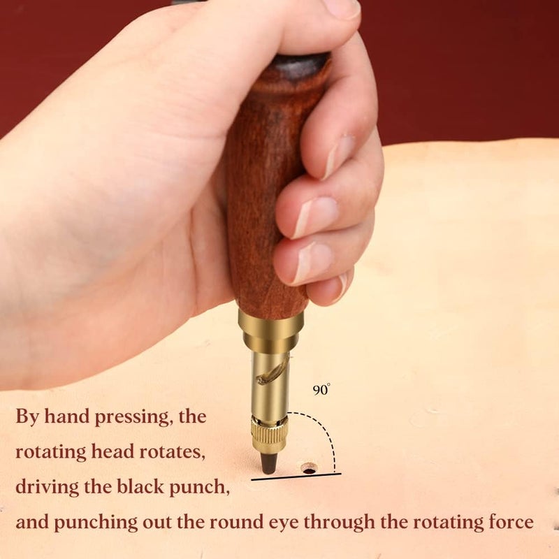 Bukela Adjustable Leather Hole Punching Tool Automatic Puncher with Wooden Handle Hollow Hole Punch with 6 Tips Size (1.5mm/2mm/2.5mm/3mm/3.5mm/4mm) for Leather Belt - Image 5