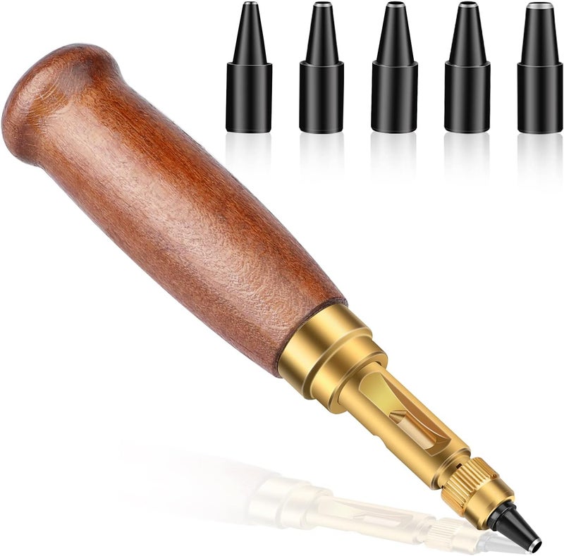 Bukela Adjustable Leather Hole Punching Tool Automatic Puncher with Wooden Handle Hollow Hole Punch with 6 Tips Size (1.5mm/2mm/2.5mm/3mm/3.5mm/4mm) for Leather Belt - Image 1