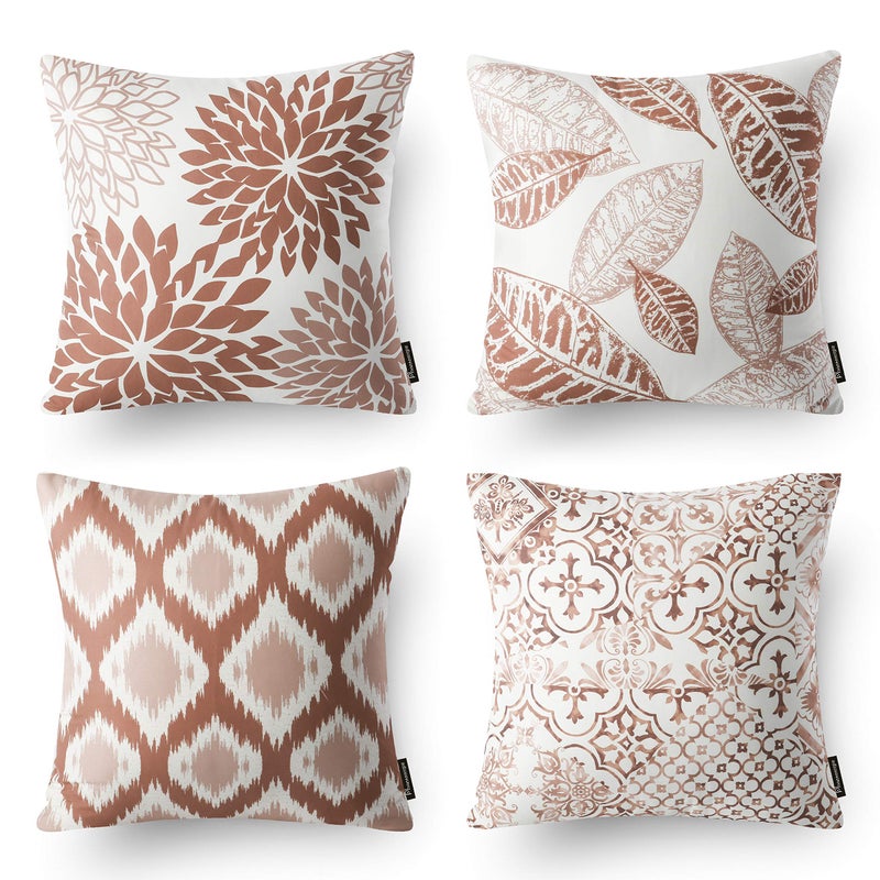 Phantoscope Set of 4 New Living Series Leaf Geometric Caramel Throw Decorative Pillow Cover Cushion Cover 18 x 18 inches 45 x 45 cm