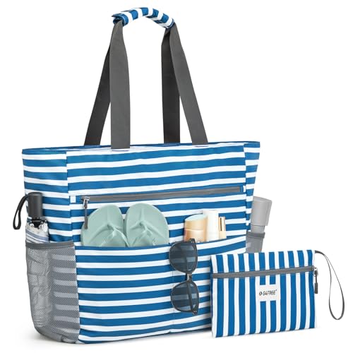 G4Free Beach Bag Waterproof Sandproof Beach Tote Bag Large Capacity Foldable for Women Navy Stripe - Image 1