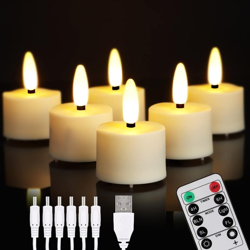 FPOO LED Rechargeable Tea Lights Candles with Remote 6 pcs Battery Operated Tealights with Flickering Flame USB Charging Cable Timer Votive Candles for Wedding Decor Christmas Party