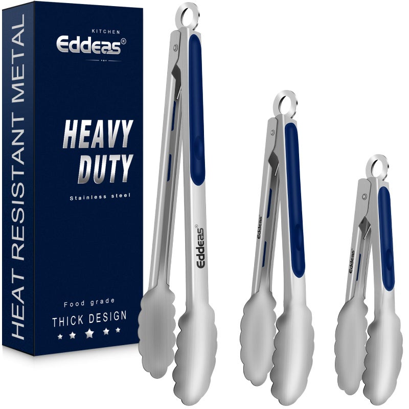 Eddeas Tongs For Cooking - Heat Resistant 600 Degrees Stainless Steel Kitchen Tong, Heavy Duty Metal Locking Tongs - For Food,Salad, grilling, BBQ 7",9" & 12 inch, set of 3 Dishwasher Safe Blue - Image 1